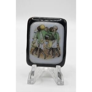 Vintage Glass Picture Brooch Dancing Scene Black Frame Art Tile Jewelry